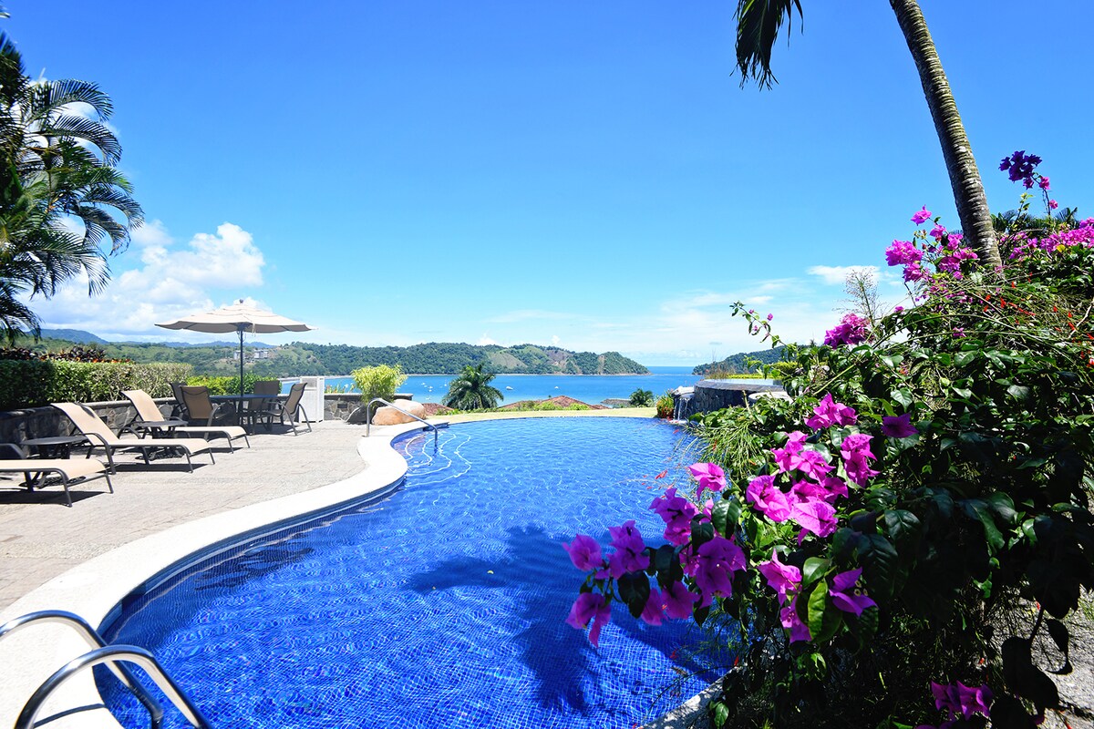 An infinity pool reflects the clear blue sky, framed by vibrant pink flowers and lush tropical greenery. Sun loungers are arranged around the pool, offering a relaxing space to enjoy the stunning ocean views and serene surroundings.