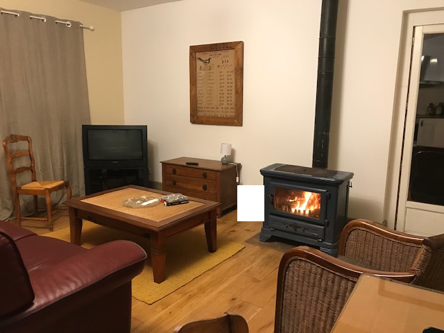 A cozy living area features a wooden coffee table at the center and a comfortable leather couch. A television is positioned against one wall, and a rustic wood-burning stove adds warmth. Light wood flooring and simply draped curtains complete the inviting space.