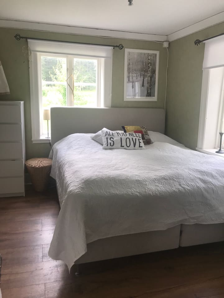 Spálňa na prízemí s funkčným kozubom v izbe.