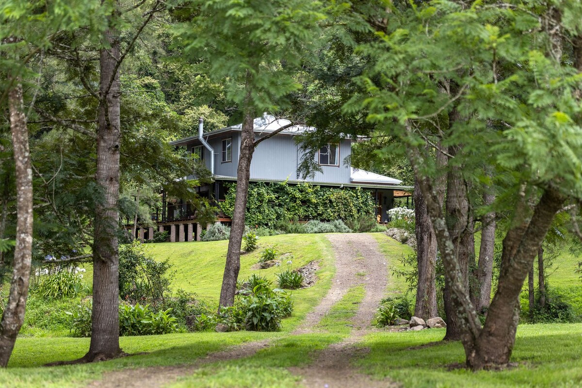 A serene pathway leads through lush greenery to a two-story house nestled among trees. The property features expansive outdoor spaces and is surrounded by a peaceful rural setting, with the sound of nature enhancing the tranquil atmosphere.