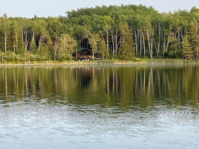 A serene lake scene reflects surrounding trees along the shoreline, showcasing a cottage nestled among the greenery. The calm water mirrors the forested area, creating a tranquil atmosphere that invites exploration of the natural surroundings.