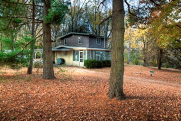 A two-story lodge is surrounded by tall trees, with autumn leaves carpeting the ground. The entrance features a covered porch, leading to a cozy and inviting entryway. Natural light filters through the foliage, enhancing the peaceful setting amid nature.