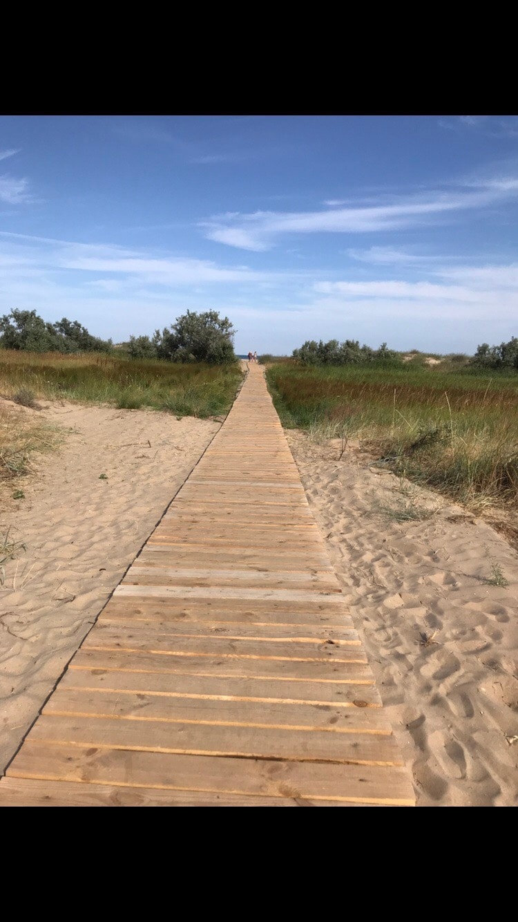 A wooden boardwalk extends through sandy terrain, leading towards greenery and a distant coastline. The clear blue sky above is dotted with light clouds, creating an inviting pathway toward the beach. Tall grass flanks both sides of the boardwalk, enhancing the natural scenery.