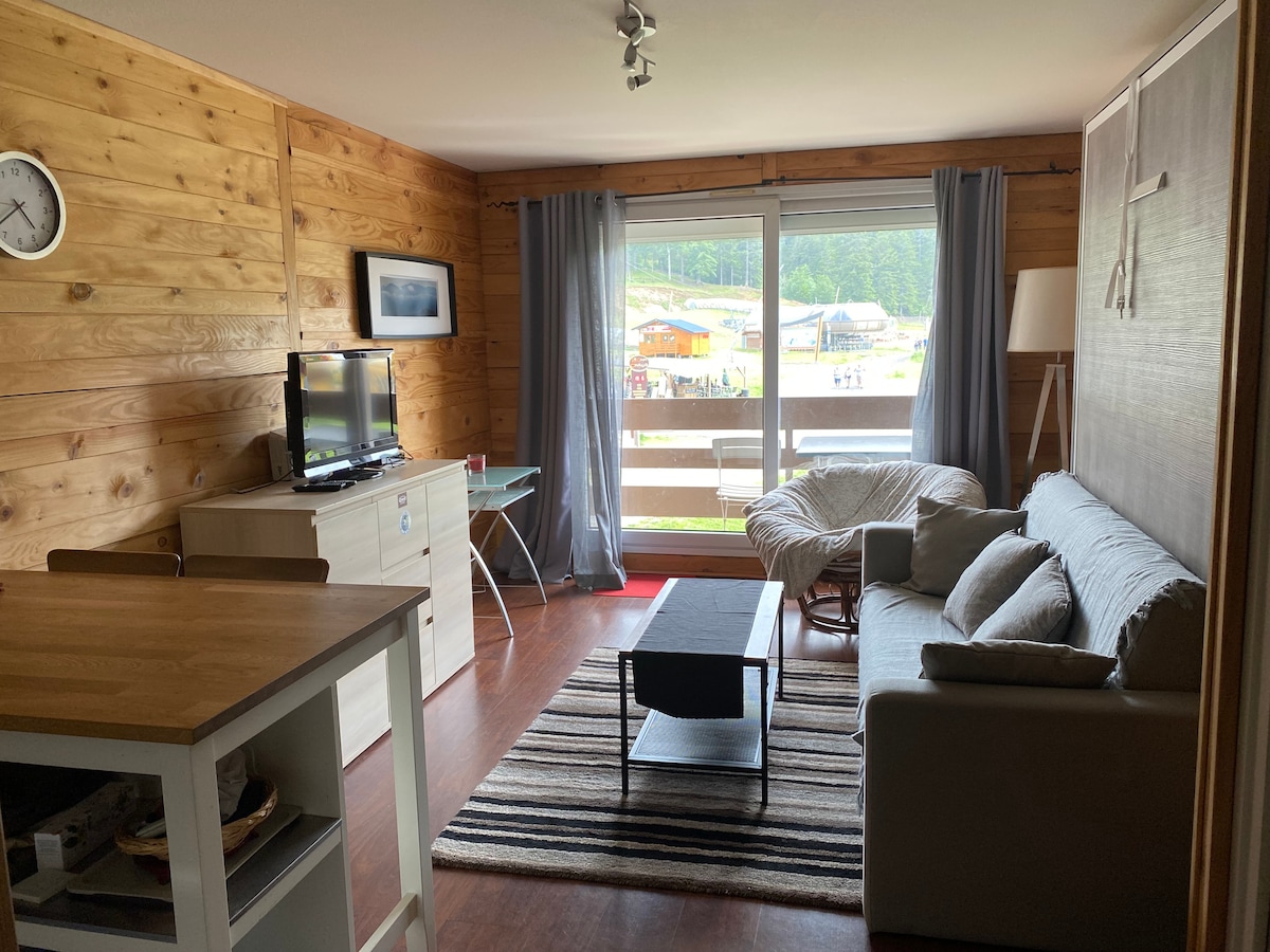 A cozy living area features a gray sofa and a coffee table, complemented by a side chair. Large sliding glass doors lead to a balcony with views of the outdoors, while wood-paneled walls provide a warm ambiance. A television and small dining table are also present.