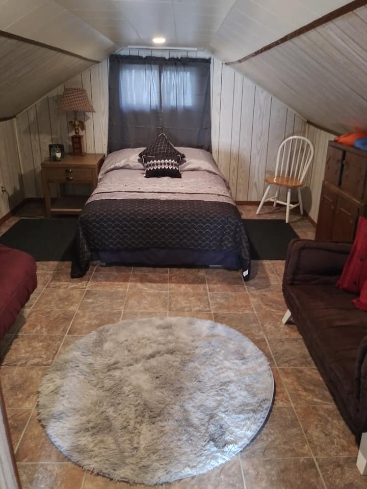 Grande suite sous les toits avec lit double.  Télévision et lecteur DVD, 2 canapés futon et une salle de bain privée 1/2.
