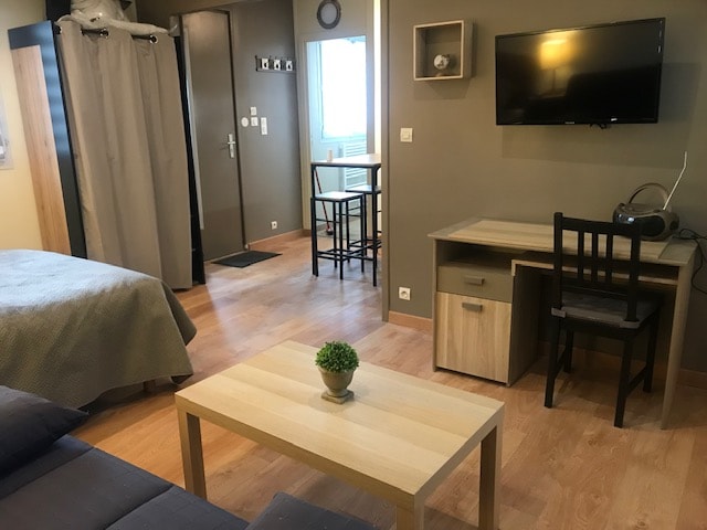 A studio apartment features a spacious area with wood flooring and a combination of muted walls. A compact dining table and chairs are positioned near the window, while a desk with a chair is situated next to a television, enhancing the functional living space.