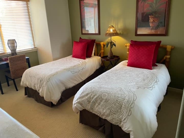 Guest Bedroom with 2 twin XLs (or 1 King) and wall mounted TV