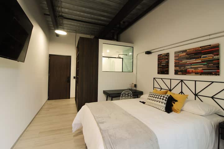 Habitación individual, con cama king size, amueblada y con baño propio.