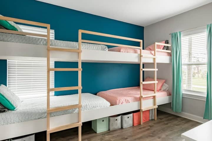 Third bedroom is setup with double bunks with twin sized mattresses. 