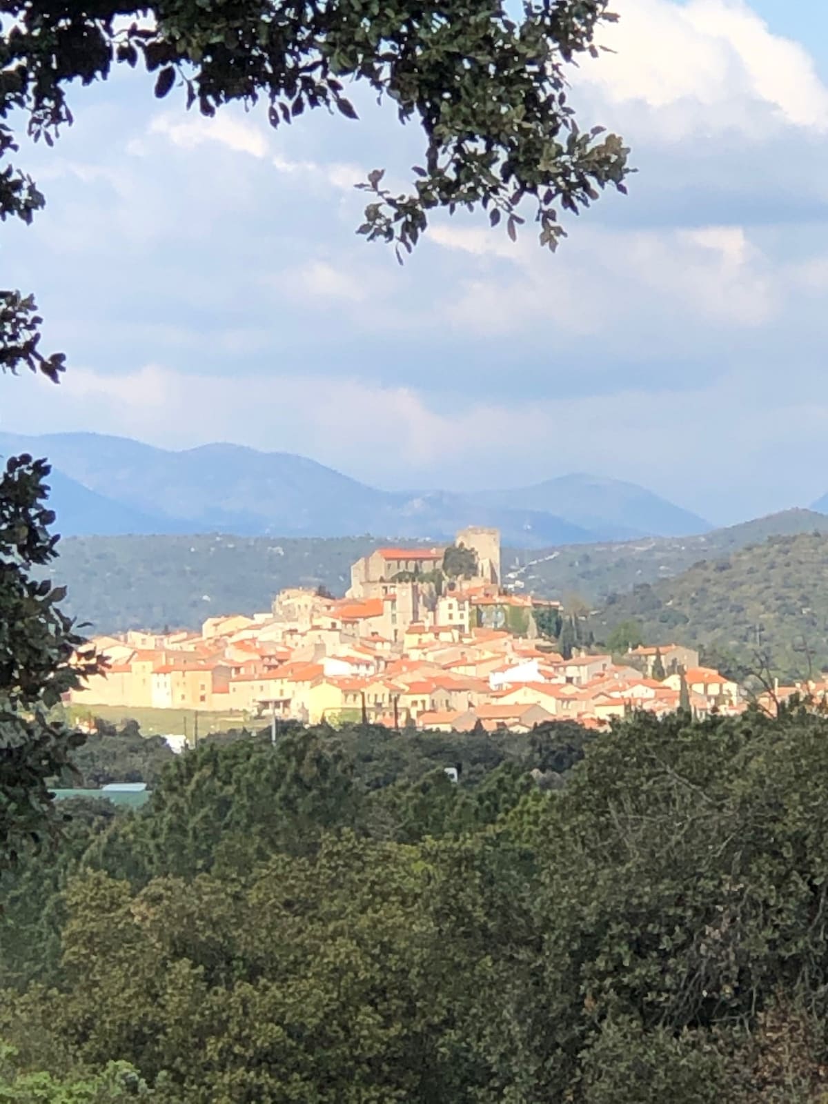A charming village is visible in the distance, characterized by traditional architecture with terracotta roofs and narrow streets. The backdrop features rolling mountains under a partly cloudy sky, creating a scenic and peaceful landscape surrounded by lush greenery.