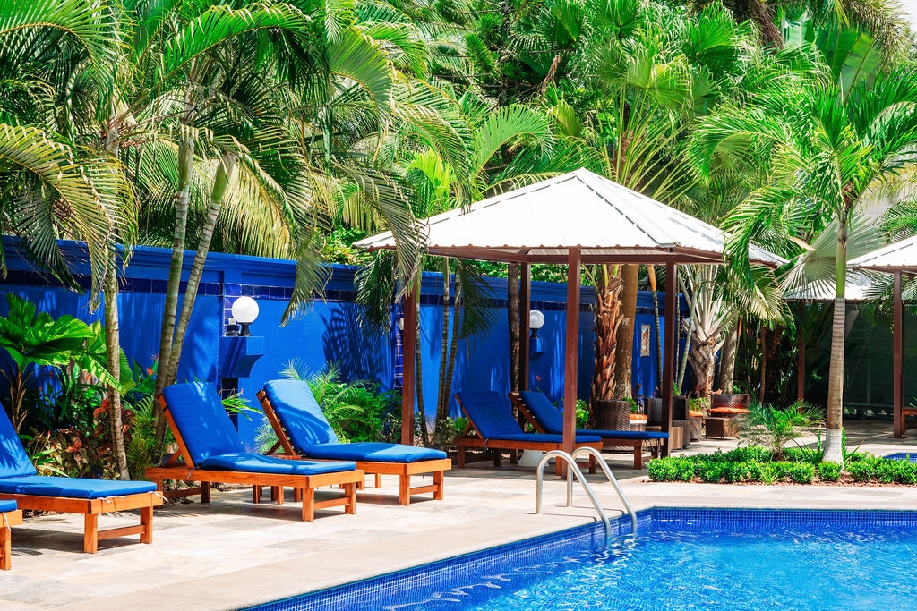 The outdoor area features a sparkling pool surrounded by vibrant tropical greenery. Comfortable blue lounge chairs are positioned under shade structures, providing a relaxing atmosphere. A striking blue wall serves as a backdrop, enhancing the tropical decor.