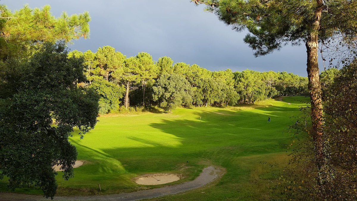 A lush green golf course stretches across the landscape, framed by tall trees. Soft light illuminates the rolling terrain, showcasing a mix of open grassy areas and shaded spots. In the distance, a golfer is seen on the course, contributing to the tranquil scene.