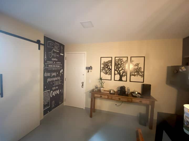 Flat entrance door, sliding door (barn door) that separates the room from the bedroom and bathroom, with lots of privacy,welcoming everyone with excellent positive vibes and with lots of joy and happiness 