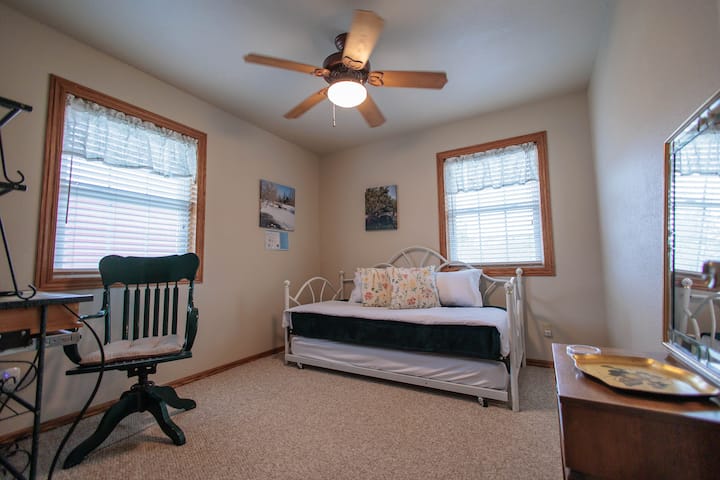 A cozy bedroom for one or pull out the trundle and add another.  Extra bedding provided.