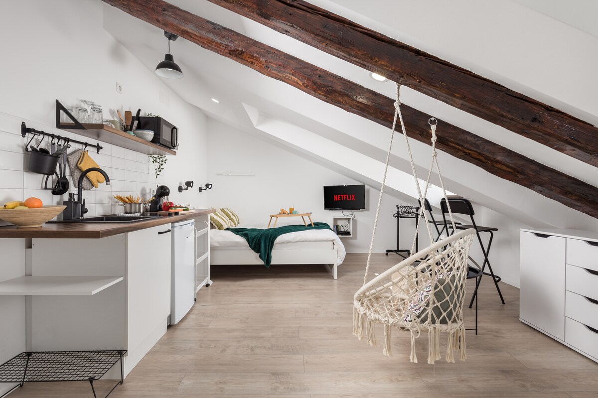 An open studio apartment showcases exposed wooden beams above. A spacious bed sits beside a screen displaying Netflix, while a cozy swing chair adds a unique detail. A kitchenette features essential appliances with a countertop, and light-colored wood flooring enhances the airy feel of the space.