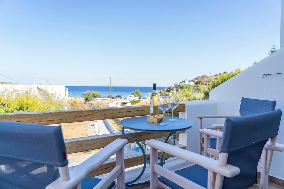 A balcony offers a view of the sea, featuring a round table with two glasses and a bottle of wine. Two wooden chairs with blue cushions provide a comfortable seating arrangement, surrounded by greenery and a clear sky.