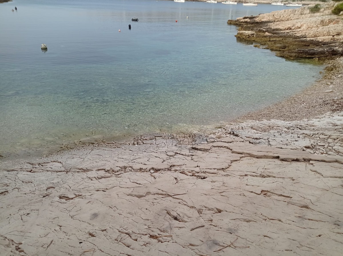 A serene shoreline features crystal-clear water gently lapping against a pebbled beach. The shallow sandy area blends with rocky textures and vegetation along the coast. Small boats can be seen in the distance, highlighting the tranquil environment near the bay.