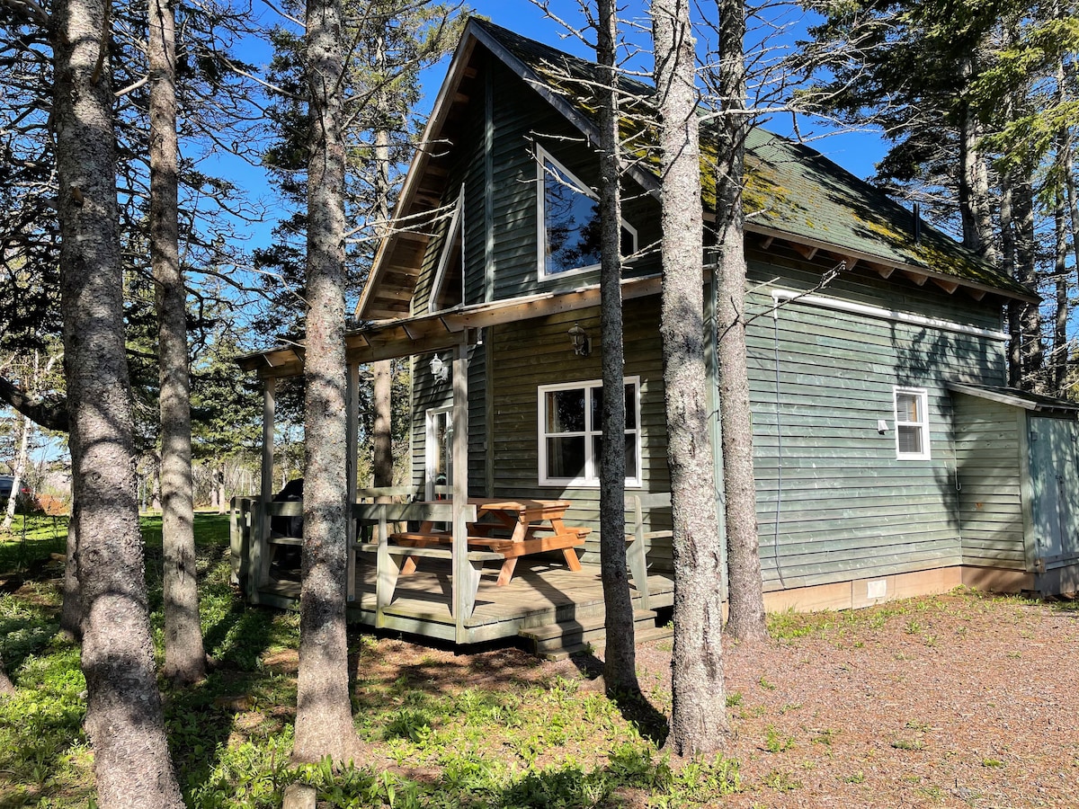 A well-maintained cottage features a sloped roof and large windows, surrounded by tall trees. A wooden deck, furnished with a picnic table, offers outdoor seating. A grassy area is visible, providing a natural setting for relaxation.