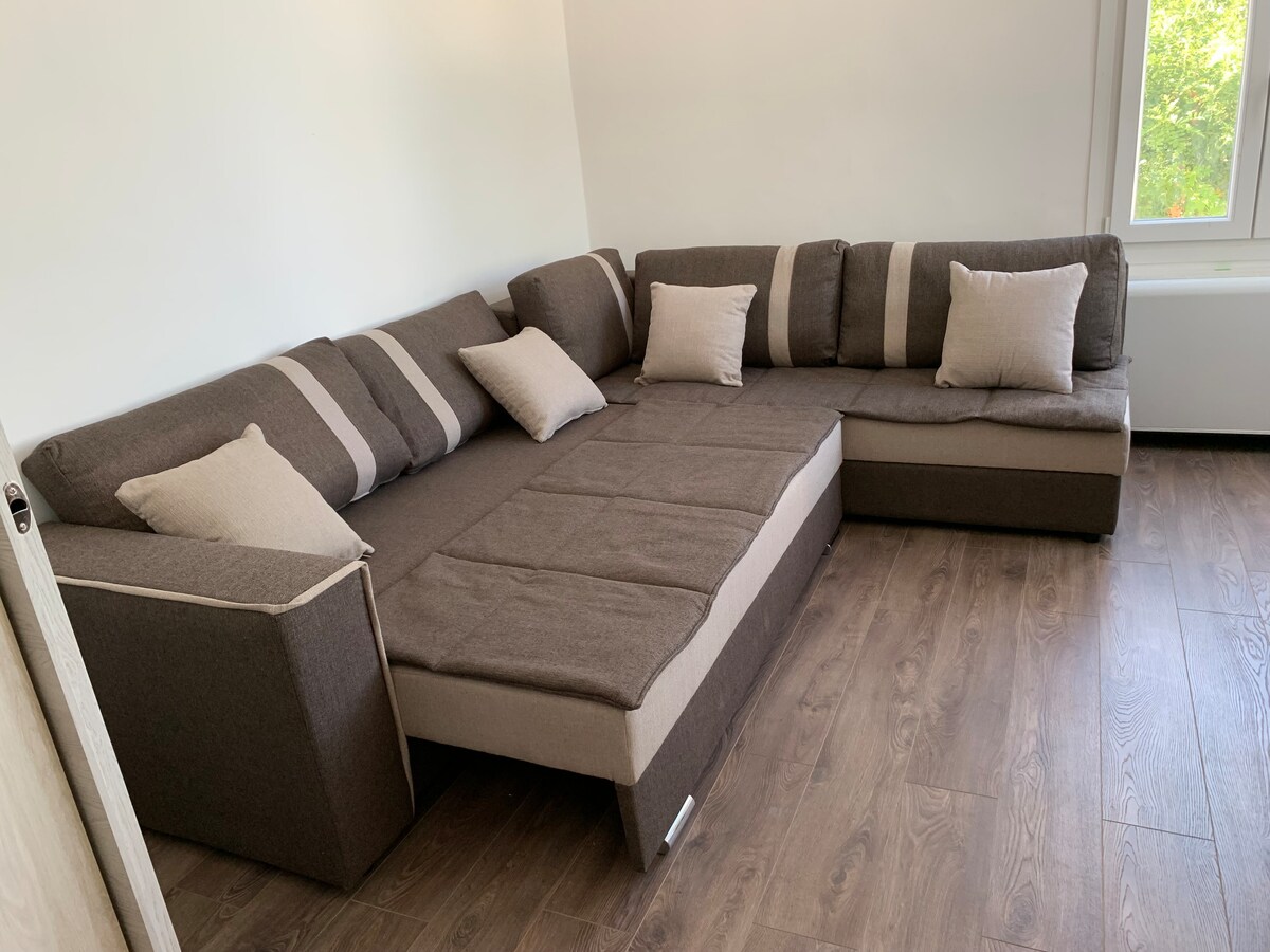 ספה נפתחת גדולה נפתחת בסלון, עם דלתות נעילת הזזה, שיכולות לשמש גם כחדר שינה