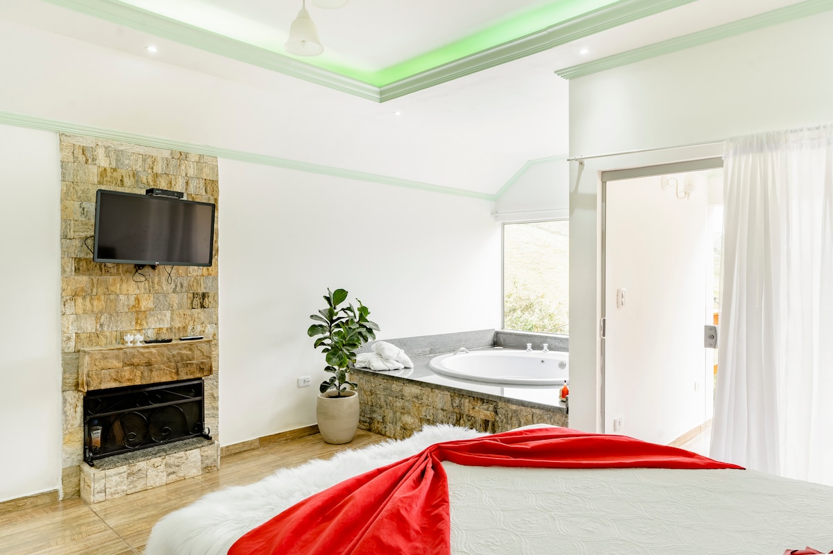 A spacious room features a large bed draped with a red throw and a modern television mounted on the wall. A decorative plant sits nearby, while a hot tub and a stone fireplace are visible in the background, complemented by natural light from large windows.