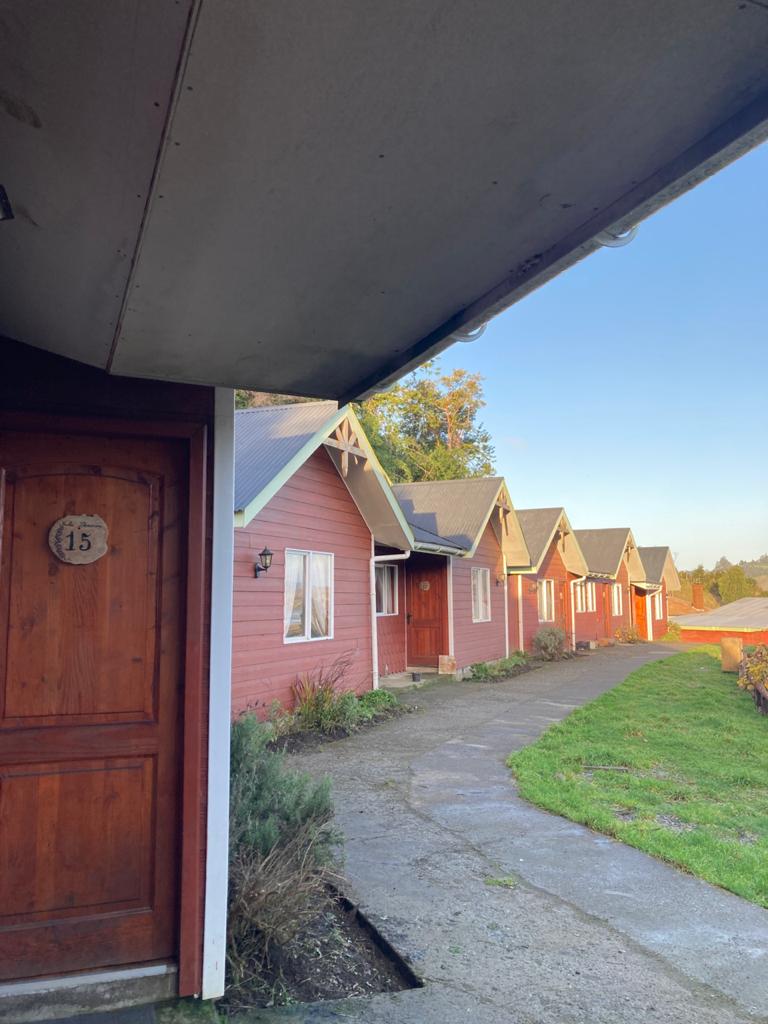 A series of charming cabins are situated along a stone pathway, framed by well-maintained greenery. Each cabin features a wooden door and large windows, contributing to a cozy community feel amidst a natural setting.