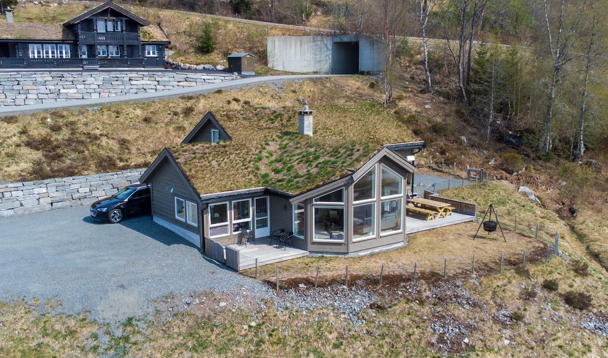 A cabin is viewed from above, featuring a green roof that blends with the surrounding landscape. Large windows allow abundant natural light, while a car is parked in the driveway. The outdoor area includes a picnic table and a swing, situated within a fenced yard.