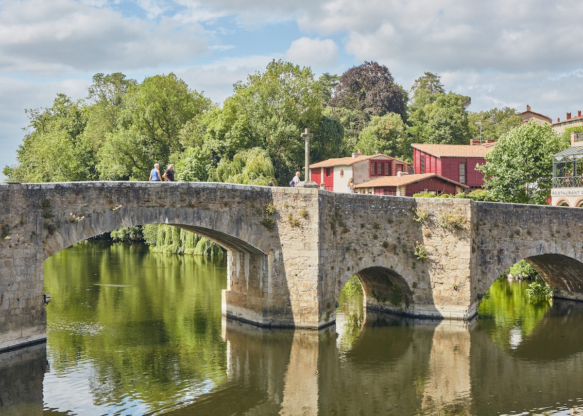 A historic stone bridge is seen arching over a calm river, surrounded by lush greenery. Trees line the banks, reflecting beautifully on the water's surface. Charming buildings with red facades are visible in the background, contributing to the serene landscape.