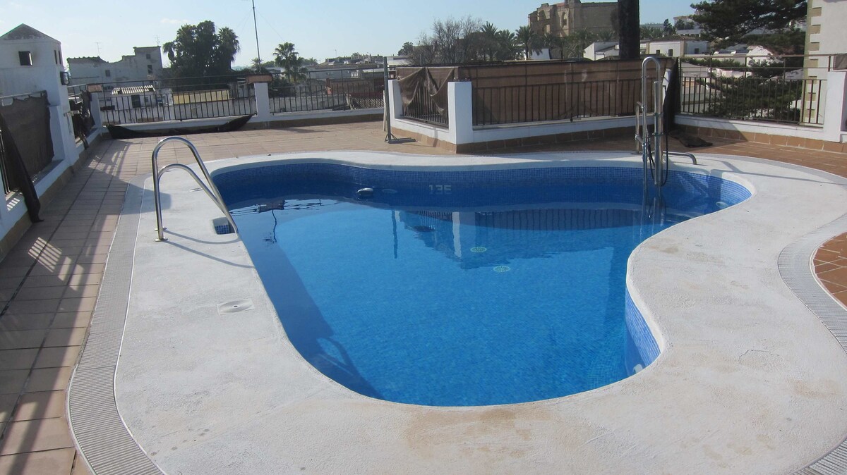 A spacious swimming pool is featured, surrounded by a laid-tile deck. Steel railings lead into the clear blue water, with a gentle curve in the pool's shape. Sunlight reflects off the surface water, providing a serene atmosphere for relaxation.