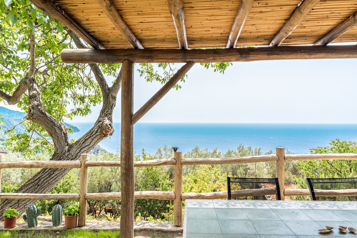 A wooden pergola provides shade over a stone table, framed by rustic beams. The view showcases the expansive blue sea, with lush greenery in the foreground and distant hills visible under a clear sky.