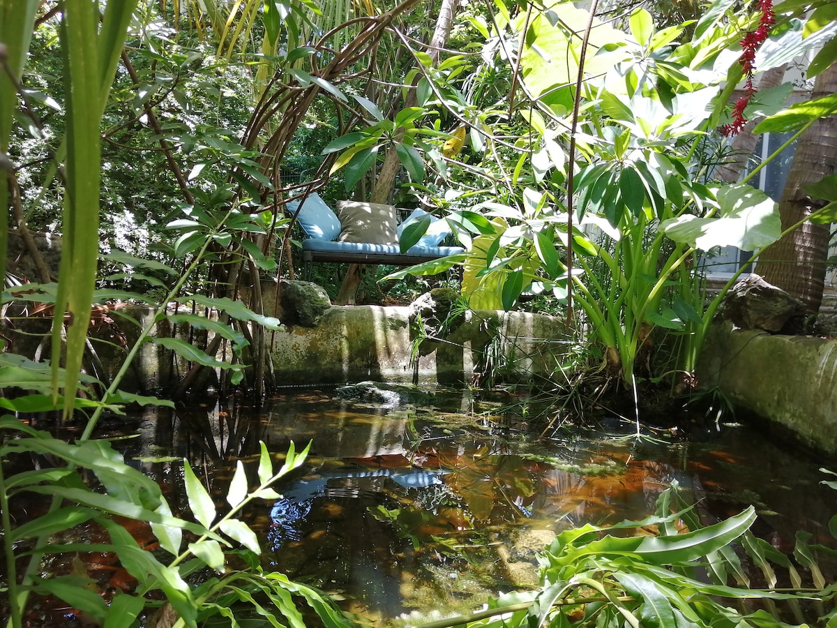 A serene garden scene showcases a tranquil fish pond surrounded by lush greenery. A comfortable hanging chair is positioned nearby, inviting relaxation amidst the dense foliage. Sunlight filters through the leaves, creating dappled reflections on the pond's surface.