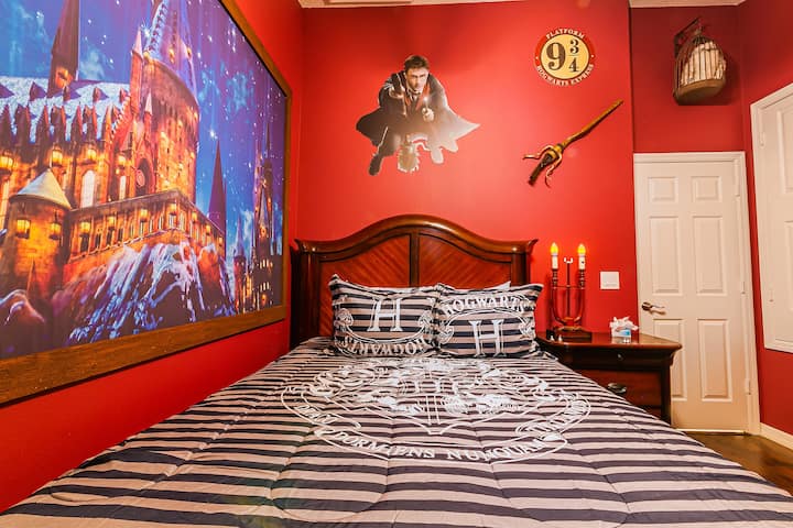 Thematic bedroom with queen size bed. Night stands besides the bed with night lamps. Dresser with six drawers. Closet with clothe hangers, blanket, pillows. Smart TV with ROKU to watch your streaming channels.  

                                    
