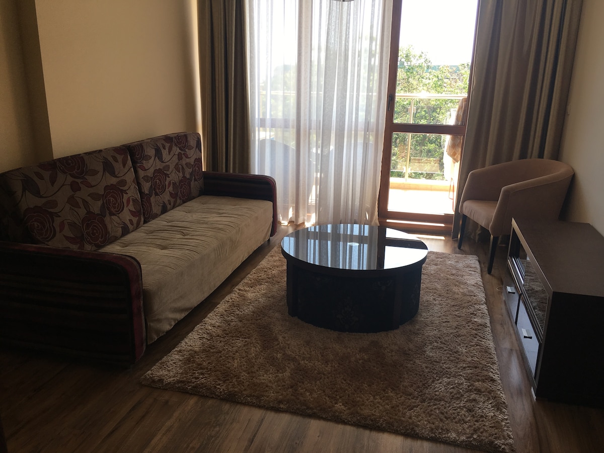 A living area features a patterned couch and a matching armchair arranged around a round coffee table. A plush area rug complements the wooden flooring. Large windows with sheer curtains allow natural light to filter in, providing views of the outside landscape.