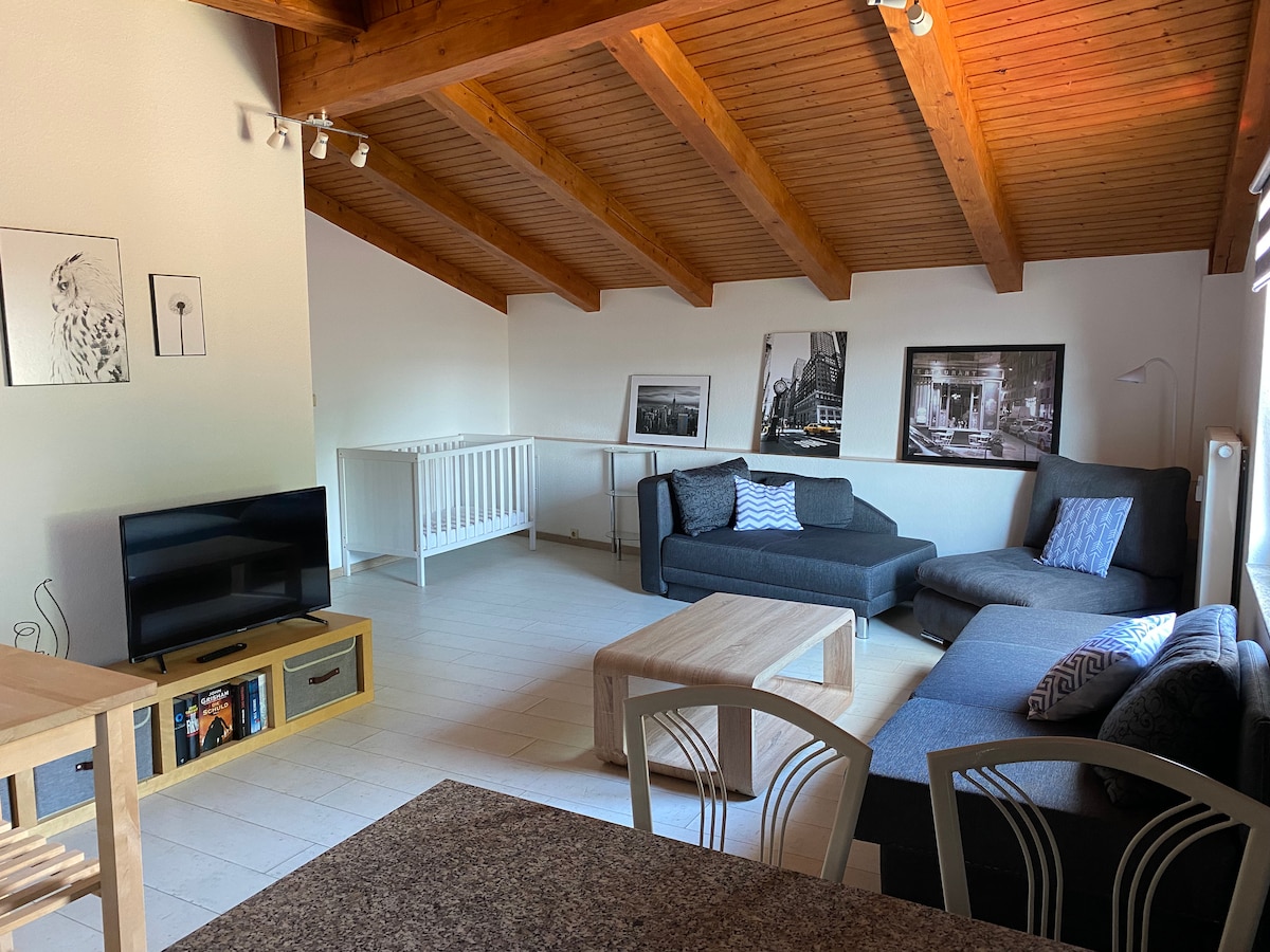 A bright living area features high wooden beams and a combination of dark gray sofas with patterned cushions. A coffee table sits in the center, and a television is positioned on a stand beside a shelf of books. Artwork adorns the walls.