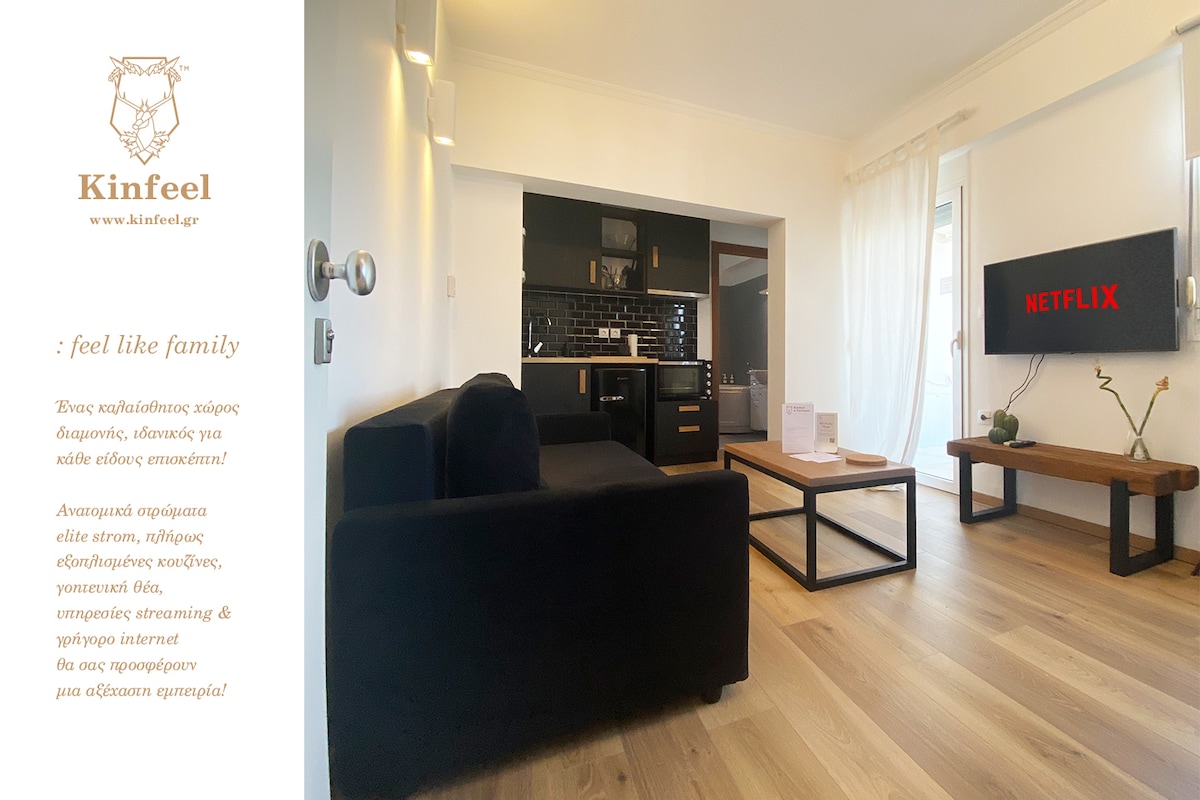 The living area is furnished with a dark sofa, a wooden coffee table, and a TV displaying the Netflix logo. Light, airy curtains frame a large window, allowing natural light to fill the space. Modern design elements are incorporated throughout, providing a welcoming atmosphere.