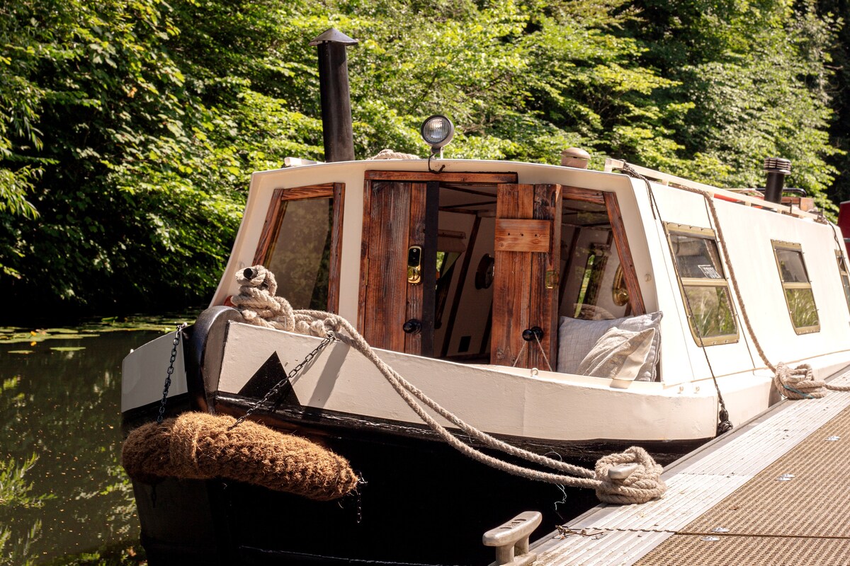 The narrowboat is moored at a wooden jetty, surrounded by lush greenery. The cabin features wooden accents, large windows, and a cozy seating area with cushions. A rope is neatly tied on the bow, complementing the serene waters nearby.