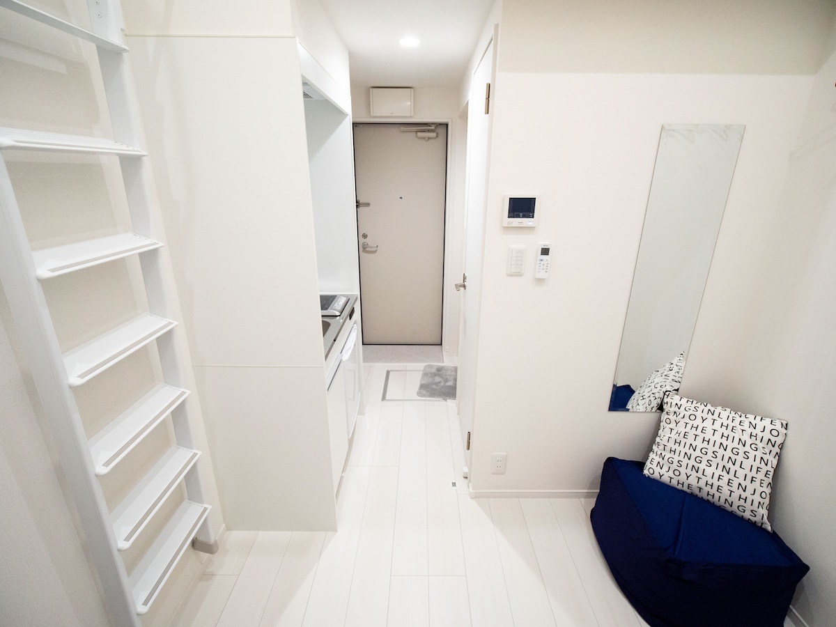 A compact and modern entryway leads to a well-equipped kitchenette. A ladder is visible, providing access to the loft area above. A navy blue cushion is positioned against the wall, and a full-length mirror reflects the space. Neutral-colored walls and flooring enhance the bright atmosphere.