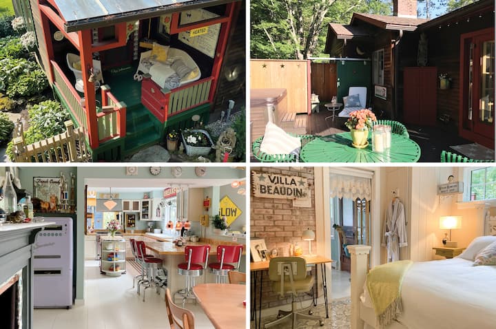 A photo grid with 4 photos: photo 1 is the front exterior of a green and red VT cottage, photo 2 is the back patio with green outdoor furniture on a sunny day, photo 3 is the kitchen interior with retro red seating, and photo 4 is a vintage aesthetic bedroom with exposed brick