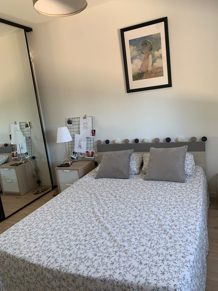 غرفة نوم بسرير مزدوج مع خزانة ملابس وتلفزيون