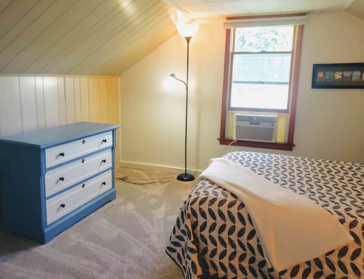 There is a bedroom on the second floor that has a double bed.