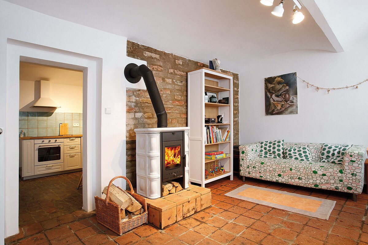 A cozy living space features a decorative wood stove, surrounded by a stacked tile base and firewood basket. A patterned sofa adds color, complemented by a bookshelf filled with various items. The room opens to a kitchen area, enhancing the inviting atmosphere.