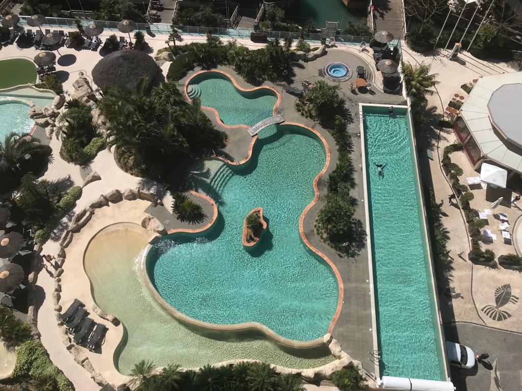 An expansive outdoor pool area features multiple interconnected swimming pools, surrounded by lush greenery and lounge chairs. A winding pool shape is complemented by a separate, long pool for swimming laps. Relaxation spots, including shaded seating areas, are visible along the pool's perimeter.