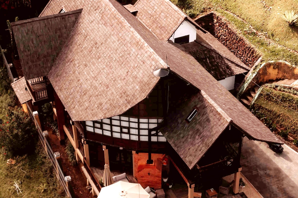 The exterior of a Swiss-style chalet is showcased, highlighting a distinctive multi-faceted roof covered with natural shingles. Surrounding green landscape and a stone pathway are visible, along with outdoor seating areas beneath a large umbrella.