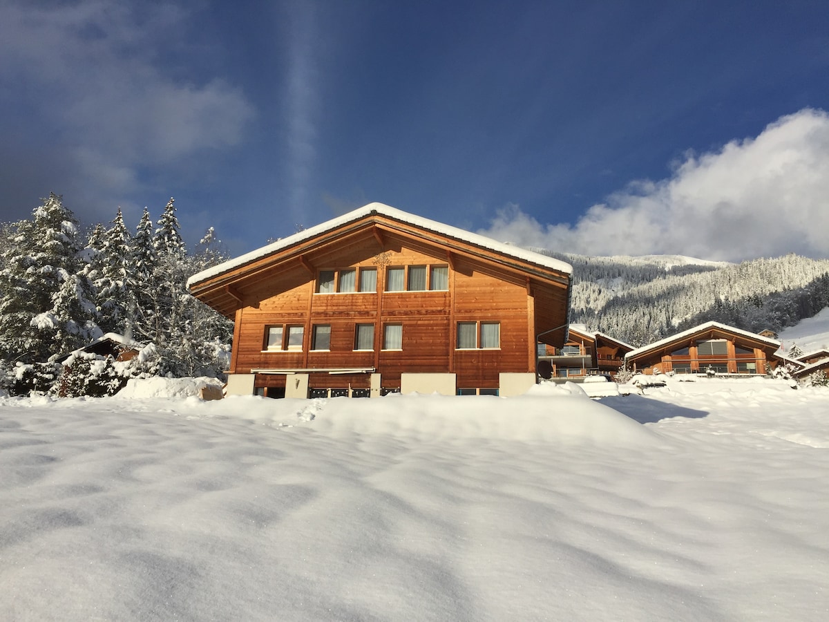 The chalet is set against a snowy landscape, showcasing a wooden exterior with multiple large windows. A blanket of snow covers the foreground, while trees adorned with snow can be seen in the background. The sky features wispy clouds, creating a serene winter atmosphere.