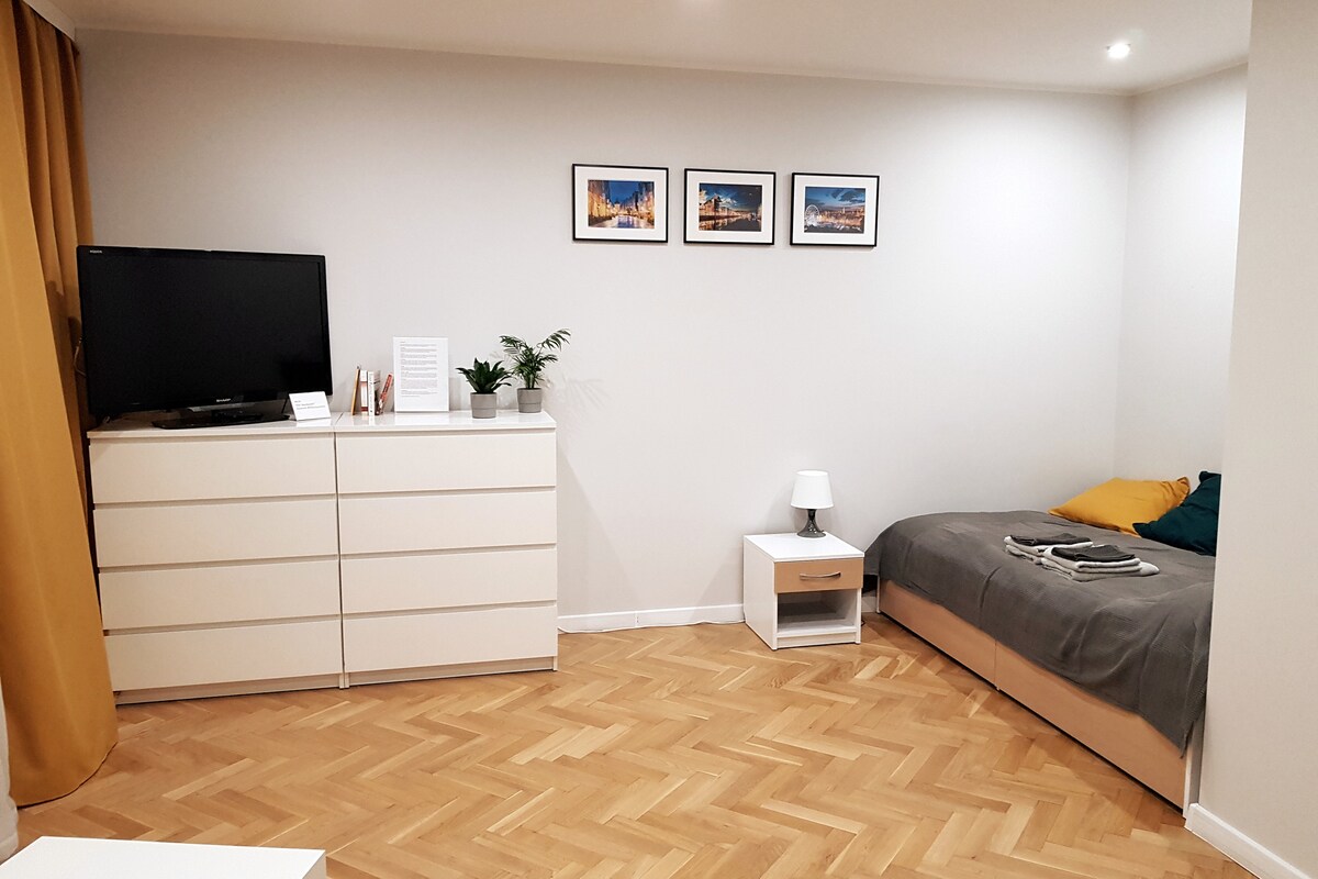 A spacious studio apartment features a snug sleeping area with a bed covered in a gray duvet and accent pillows. A light wood dresser and a small bedside table are positioned against the wall. Framed photographs add a decorative touch, while a television sits atop the dresser.