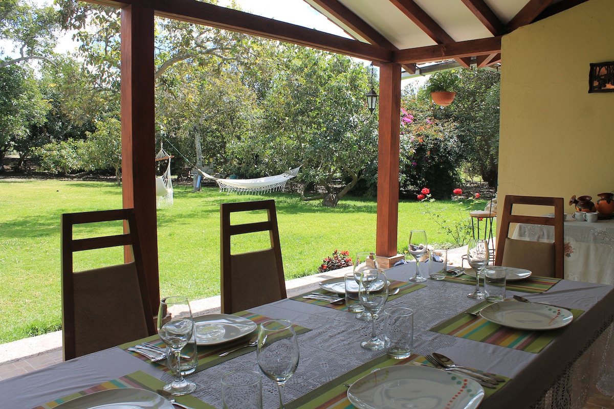 A dining area is set outdoors under a covered patio, featuring a table laid with plates and glasses. The lush green garden is visible, with a hammock hanging in the distance among trees and flowering plants.