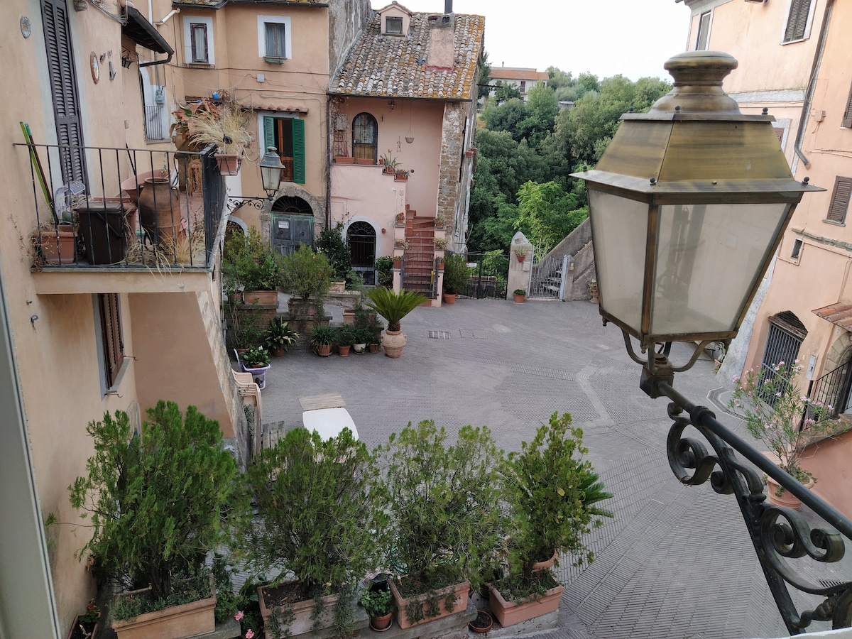 A view from a window offers a glimpse of a charming plaza surrounded by warm-colored buildings. Potted plants are scattered around, adding greenery. A decorative lamp post frames the image, enhancing the inviting atmosphere of the historic area.