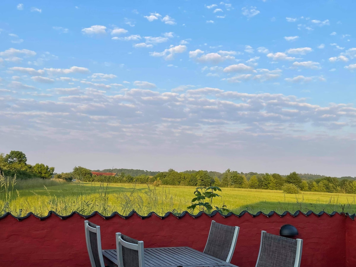 A terrace is shown overlooking a spacious green field under a partly cloudy blue sky. A wooden table with several chairs is set on the terrace, providing a scenic view of the surrounding landscape.
