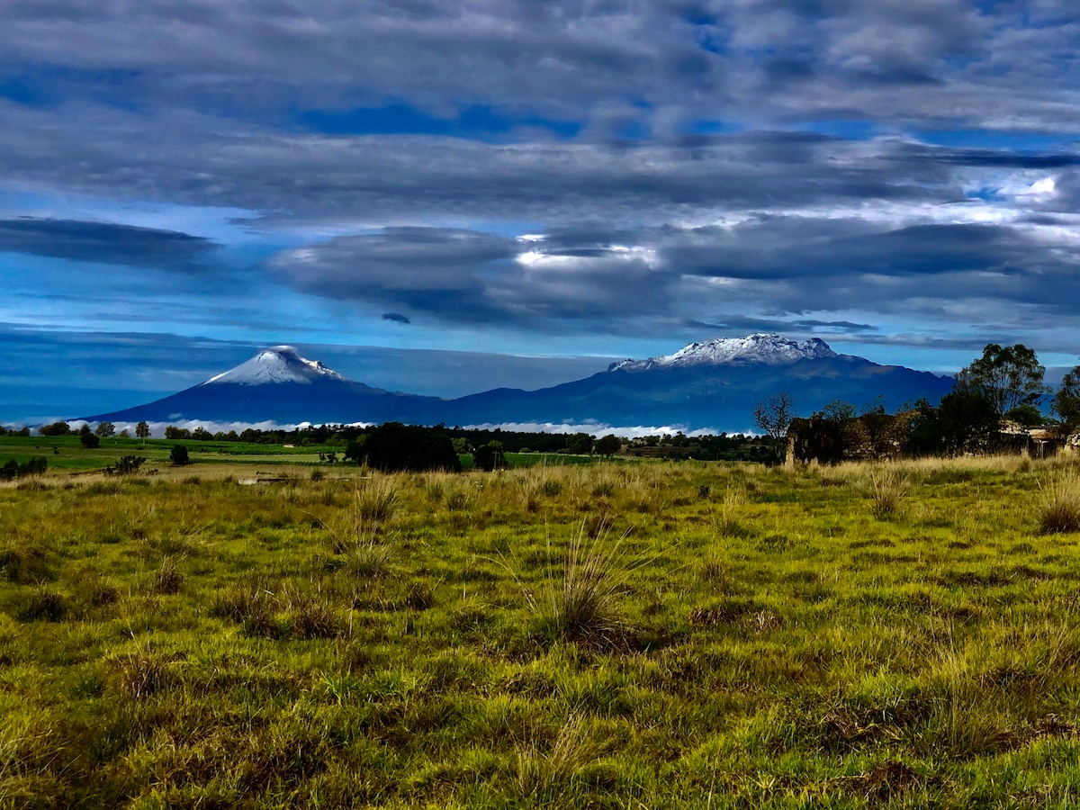 A scenic view features two snow-capped volcanoes rising majestically against a backdrop of expansive skies. Lush green grass covers the foreground, contributing to the serene atmosphere of the landscape, which is ideal for appreciating the natural surroundings.