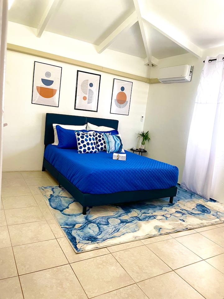 غرفة نوم رئيسية مع خزانة ملابس كبيرة وحمام ووحدة التكييف الخاصة بك حيث يمكنك التحكم في الهواء.