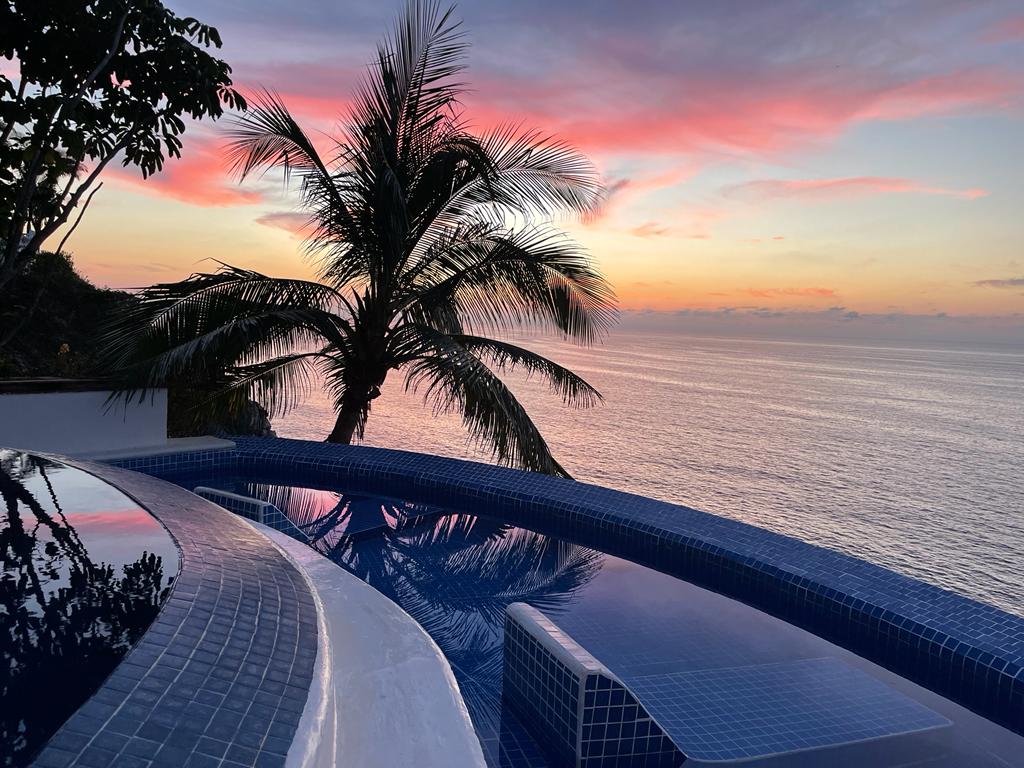 An infinity pool is featured against a backdrop of a vibrant sunset over the ocean. Silhouetted palm leaves frame the scene, while the pool's curved edge reflects the colorful sky. The still water mirrors the hues of pink and orange, creating a serene atmosphere.
